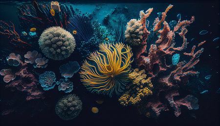 Tropical seashore underwater landscape. Coral reef top view. Coral reef underwater photo. Snorkeling or diving undersea banner template. Seaside summer vacation activity. Aquarium background. AIの素材