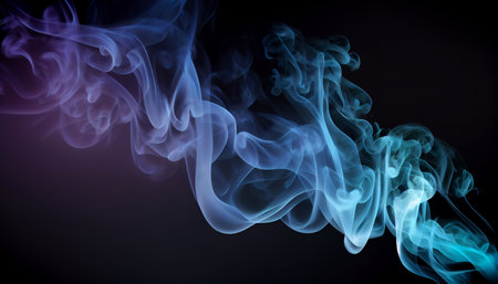 Beautiful horizontal column of smoke in the neon bright light on black background exhaled out of the vape. Nice pattern for printing and backdrop of colored waves. AI generatedの素材