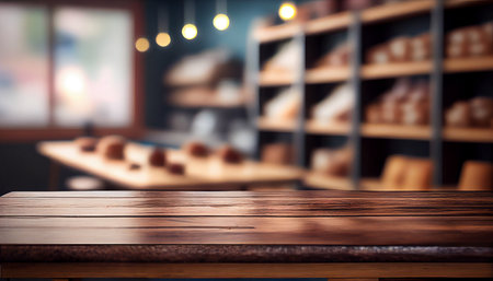 Empty wood table top on blur bakery shop or cafe restaurant with abstract bokeh background, Perspective dark brown wood table over blur in coffee shop background. AI generatedの素材