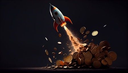 Rocket flying into space, with gold coins of cryptocurrency, the rise of the price of cryptocurrency, earn money, starup concept. AI generatedの素材