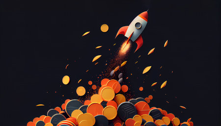 Rocket flying into space, with gold coins of cryptocurrency, the rise of the price of cryptocurrency, earn money, starup concept. AI generatedの素材