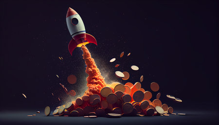 Rocket flying into space, with gold coins of cryptocurrency, the rise of the price of cryptocurrency, earn money, starup concept. AI generatedの素材