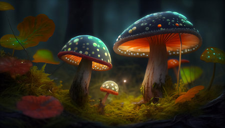 Mushroom. Fantasy Glowing Mushrooms in mystery dark forest close-up. Beautiful macro shot of magic mushroom, fungus. Border art design. magic light. AI generatedの素材