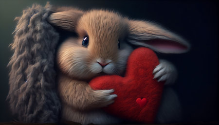 Cute fluffy rabbit hugging a heart illustration, heartwarming scene, perfect for expressing love and affection. AI generatedの素材