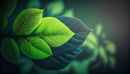 Rain drops on green leaf nature background. Nature background of green leaves. Close up background nature of green leaves. AI generatedの素材