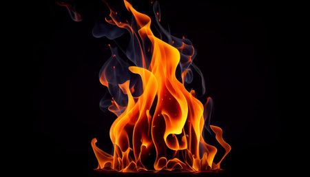 Fire flame isolated on black isolated background Beautiful yellow, orange and red and red blaze fire flame texture style, Fire flames collection isolated on black background. AI generatedの素材