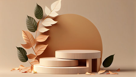 Circle podium or pedestal on pastel background. Podium mockup for cosmetic, packaging product presentation with tropical leaf shadow. Natural podium in hard light. AI generatedの素材