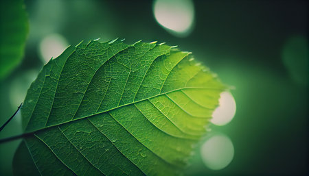 Rain drops on green leaf nature background. Nature background of green leaves. Close up background nature of green leaves. AI generatedの素材