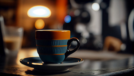 Cup of coffee with cinematic color grading. Ceramic retro cup close-up. AI generatedの素材