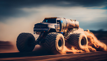 monster truck covered in mud. Racing event in the mud. Large tires on a pickup truck coming out of a hole. AI generatedの素材