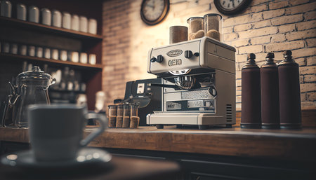 Hipster Coffeeshop, Silver Metal Coffee machine making espresso shots. coffeehouse. cafeteria. AI generatedの素材