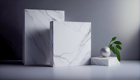 Stone podium, Cosmetic display stand with nature leaves on white background. 3D rendering. AI generatedの素材