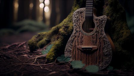 Guitar on the ground in the forest close-up with light bulbs. AI generatedの素材