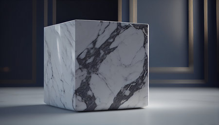 Marble stone podium on white concrete background, mock up scene with for product display. AI generatedの素材