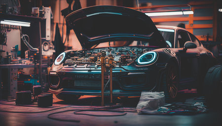 Car repair service in garage, with luxurious car parked in a home garage. The cinematic lighting, wallpaper. AI generatedの素材