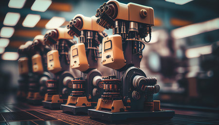 Industrial welding robots in production line manufacturer factory. AI generatedの素材