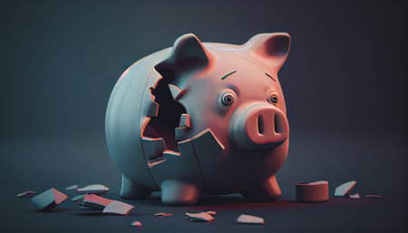 Broken piggy bank on gray background. AI generatedの素材