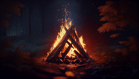 Bonfire. Large orange flame on a black background. fire on black. Brightly, heat, light, camping. AI generatedの素材
