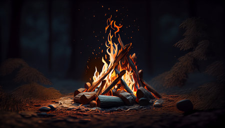 Bonfire. Large orange flame on a black background. fire on black. Brightly, heat, light, camping. AI generatedの素材