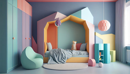 Minimal background image of cute kids room interior with play tent and decor in pastel colors, copy space. AI generatedの素材