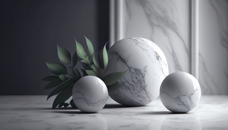 Stone podium, Cosmetic display stand with nature leaves on white background. 3D rendering. AI generatedの素材