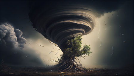 Large and dangerous storm system producing a tornado passing through open countryside. mixed media illustration. AI generatedの素材