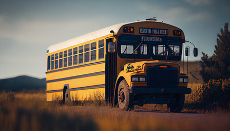 School bus driving on the country road, going to school, beautiful sunny day, 3d rendering, AI generated illustrationの素材
