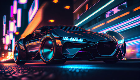 Fast supercar driving at high speed, with stunning neon city lights glowing in the background. Motion blur effect speed, neon lights create futuristic and vibrant atmosphere. AI generatedの素材