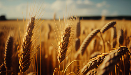 Golden ripe ears of wheat on nature in summer field at sunset rays of sunshine, close-up macro. AI generatedの素材