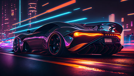 Fast supercar driving at high speed, with stunning neon city lights glowing in the background. Motion blur effect speed, neon lights create futuristic and vibrant atmosphere. AI generatedの素材
