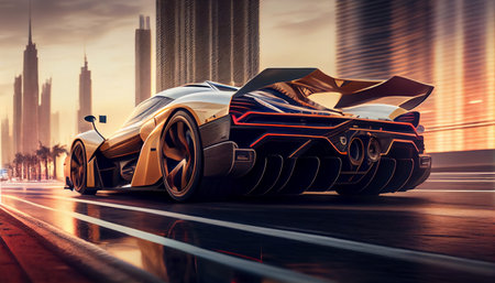 Fast supercar speeds through night with blurred motion city in background, glowing with neon lights. Car exudes power and speed, cutting through air as it races through the night. AI generatedの素材