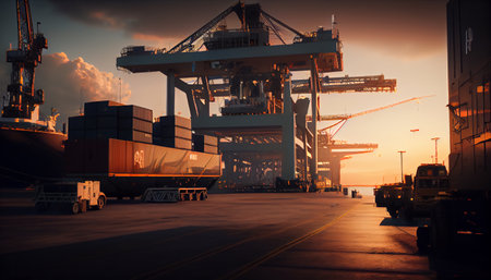 Photo pour crane loading cargo container import container ship in international terminal logistic sea port concept freight shipping by ship, Truck running in port under Big Crane transport trade. AI generated - image libre de droit