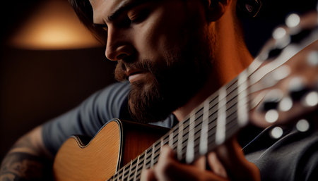 Acoustic guitar playing. Men Playing Acoustic Guitar Closeup Photography.の素材