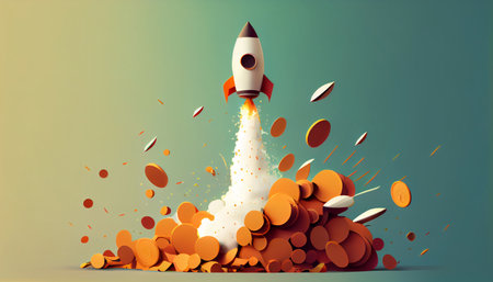 Rocket flying into space, with gold coins of cryptocurrency, the rise of the price of cryptocurrency, earn money, starup concept. AI generatedの素材