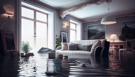 Water damager after flooding in house with furniture floating. AI generatedの素材