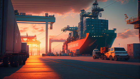 crane loading cargo container import container ship in international terminal logistic sea port concept freight shipping by ship, Truck running in port under Big Crane transport trade. AI generatedの素材