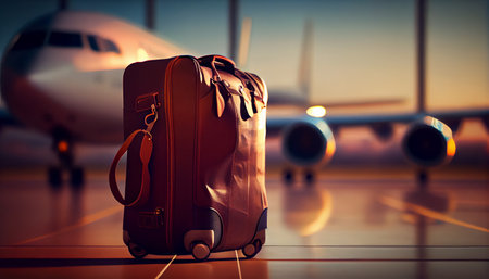 suitcases at the airport. Travel concept image. AI generatedの素材