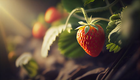 Picking fresh strawberries on the farm, Close up of fresh organic strawberries growing on a vine. AI generatedの素材