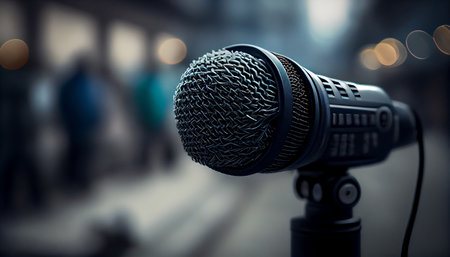 Microphone of stage on street with blurred colorful bright light background. AI generatedの素材