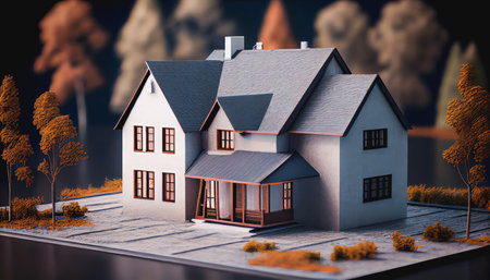volumetric project of house. Layout of a house with an open roof. Miniature layout of a cottage top view. Building model as a symbol of architectural business. Design in architecture. AI generatedの素材