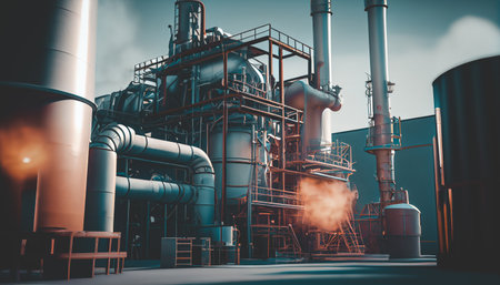Close up Industrial view at oil refinery plant form industry zone with sunrise and cloudy sky. AI generatedの素材