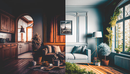 Before And After Of Modern Kitchen Apartment Room In Renovated House. AI generatedの素材