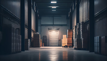 Rows of shelves with boxes in modern warehouse. AI generatedの素材