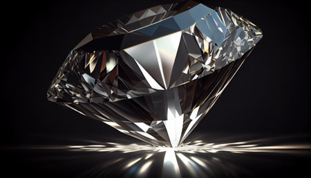3D rendering illustration. Round cut diamond on black dark glossy background, caustics rays, high details, Al generated illustrationの素材