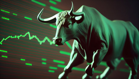 Bullish symbols on stock market illustration. Forex or commodity charts, on abstract background. The symbol of the bull. The growing market. AI generatedの素材