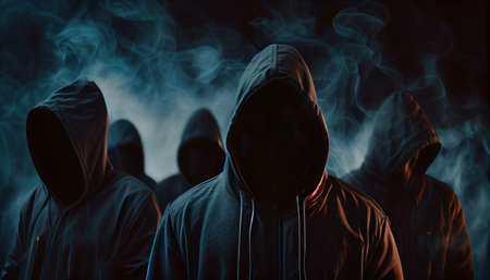 Hacker army. Dangerous hooded group of hackers. Internet, cyber crime, cyber attack, system breaking and malware concept. dark face. Anonymous. AI generated illustrationの素材