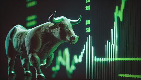Bullish symbols on stock market illustration. Forex or commodity charts, on abstract background. The symbol of the bull. The growing market. AI generatedの素材