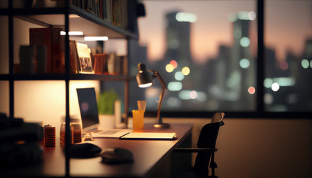 Modern office workstation with supplies and copy space on stylish table over blurred skyscraper night lights view in the background. Al generatedの素材