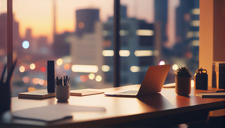 Modern office workstation with supplies and copy space on stylish table over blurred skyscraper night lights view in the background. Al generatedの素材