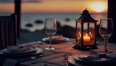 summer sea sunset. Romantic picnic on the beach. Bottle of wine, glasses, candles, plaid and pillows. selective focus. AI generated illustrationの素材